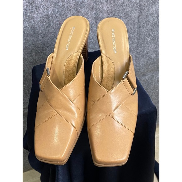 Worthington‎ Leather Mule Heels Tan Buckle Square Toe 7.5M Y2K Minimalist - Picture 1 of 3